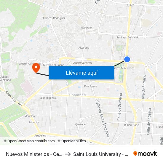 Nuevos Ministerios - Centro Comercial to Saint Louis University - Madrid Campus map