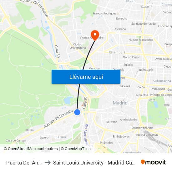 Puerta Del Ángel to Saint Louis University - Madrid Campus map