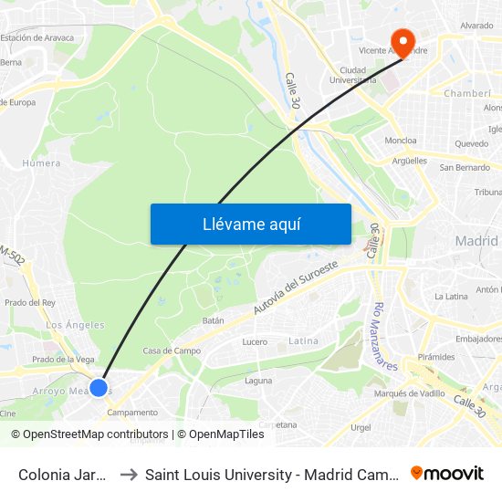 Colonia Jardín to Saint Louis University - Madrid Campus map