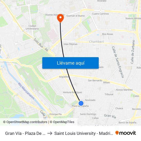 Gran Vía - Plaza De España to Saint Louis University - Madrid Campus map