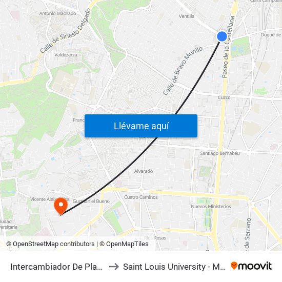 Intercambiador De Plaza De Castilla to Saint Louis University - Madrid Campus map
