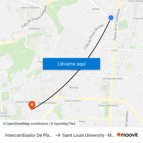 Intercambiador De Plaza De Castilla to Saint Louis University - Madrid Campus map
