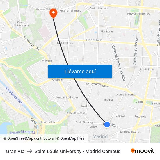 Gran Vía to Saint Louis University - Madrid Campus map