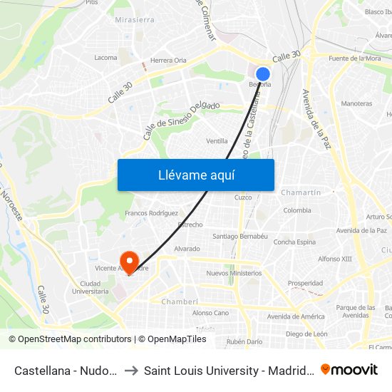 Castellana - Nudo Norte to Saint Louis University - Madrid Campus map