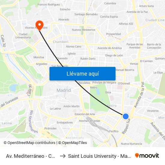 Av. Mediterráneo - Conde Casal to Saint Louis University - Madrid Campus map