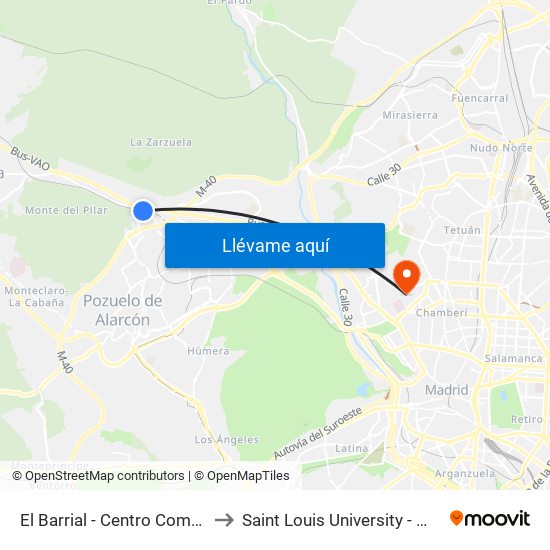 El Barrial - Centro Comercial Pozuelo to Saint Louis University - Madrid Campus map