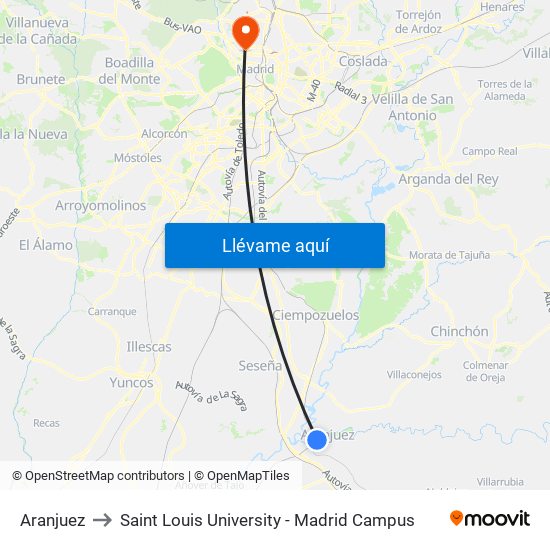 Aranjuez to Saint Louis University - Madrid Campus map