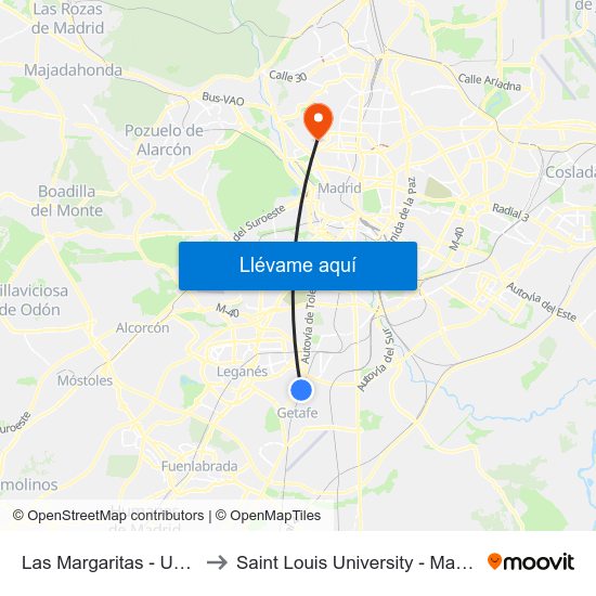 Las Margaritas - Universidad to Saint Louis University - Madrid Campus map