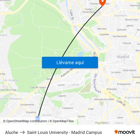 Aluche to Saint Louis University - Madrid Campus map