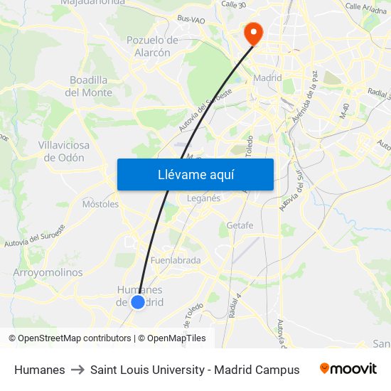 Humanes to Saint Louis University - Madrid Campus map