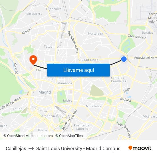 Canillejas to Saint Louis University - Madrid Campus map