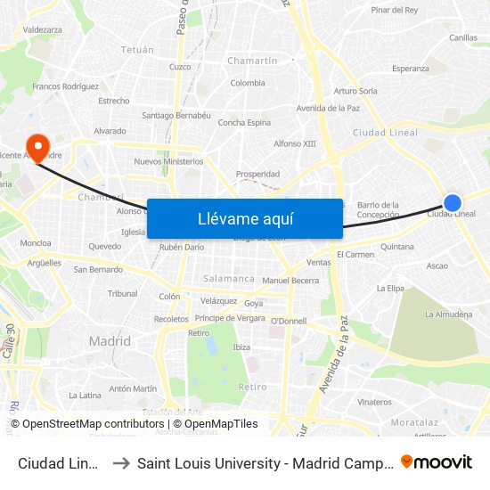 Ciudad Lineal to Saint Louis University - Madrid Campus map
