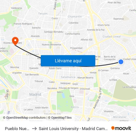 Pueblo Nuevo to Saint Louis University - Madrid Campus map