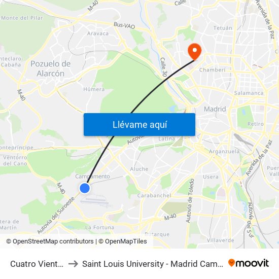 Cuatro Vientos to Saint Louis University - Madrid Campus map