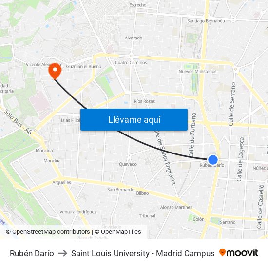 Rubén Darío to Saint Louis University - Madrid Campus map