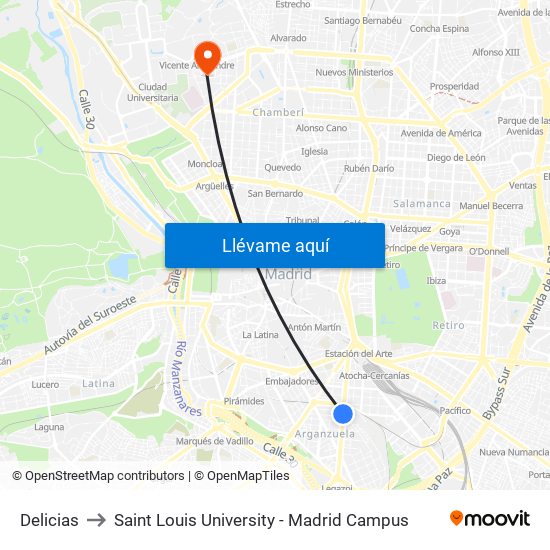 Delicias to Saint Louis University - Madrid Campus map