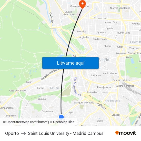 Oporto to Saint Louis University - Madrid Campus map