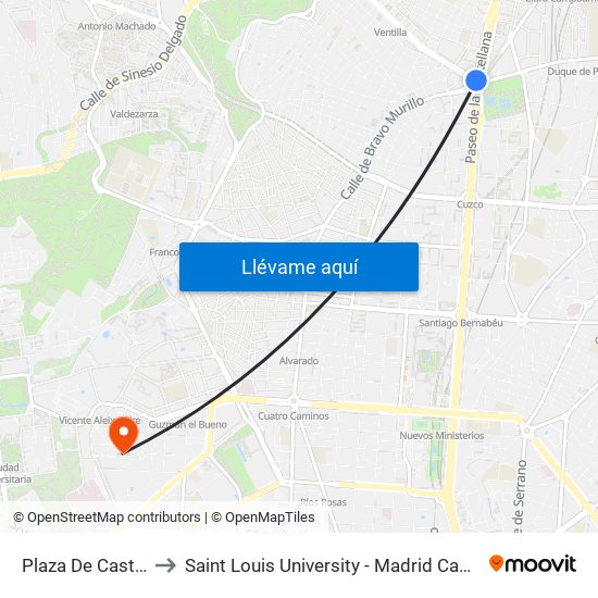Plaza De Castilla to Saint Louis University - Madrid Campus map