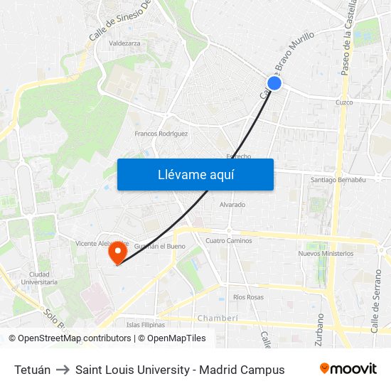 Tetuán to Saint Louis University - Madrid Campus map