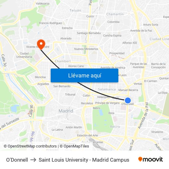 O'Donnell to Saint Louis University - Madrid Campus map