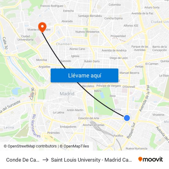 Conde De Casal to Saint Louis University - Madrid Campus map