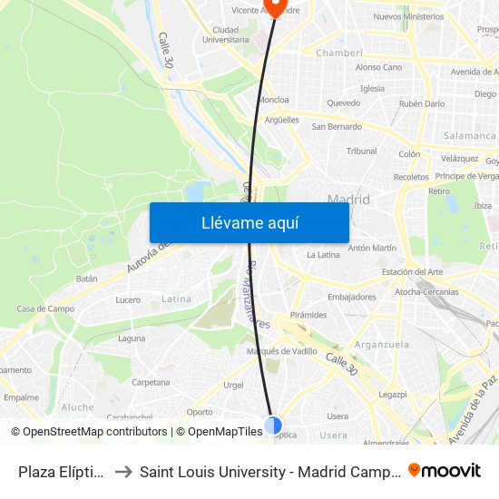 Plaza Elíptica to Saint Louis University - Madrid Campus map
