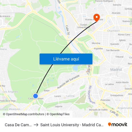 Casa De Campo to Saint Louis University - Madrid Campus map