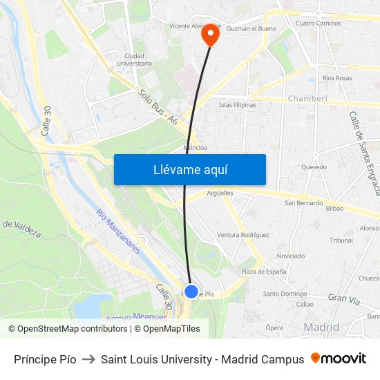 Príncipe Pío to Saint Louis University - Madrid Campus map