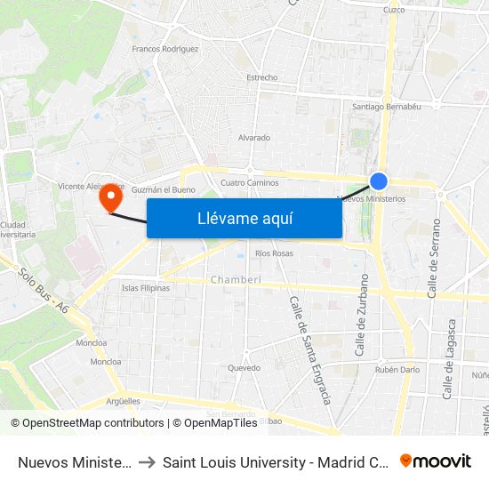 Nuevos Ministerios to Saint Louis University - Madrid Campus map