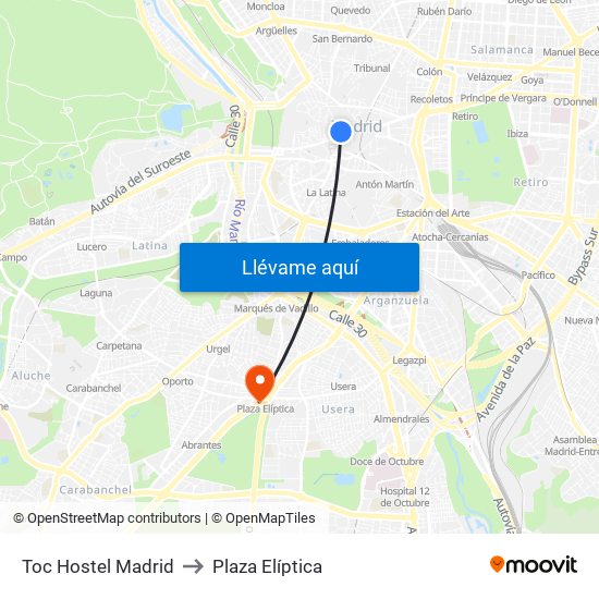 Toc Hostel Madrid to Plaza Elíptica map