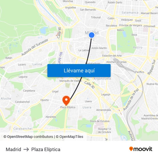 Madrid to Plaza Elíptica map