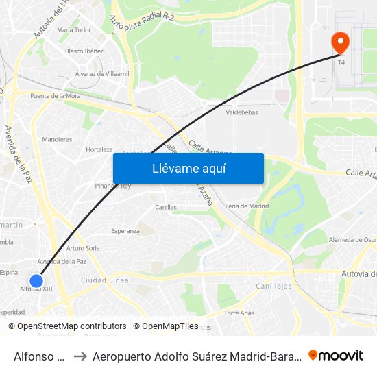 Alfonso XIII to Aeropuerto Adolfo Suárez Madrid-Barajas T4 map