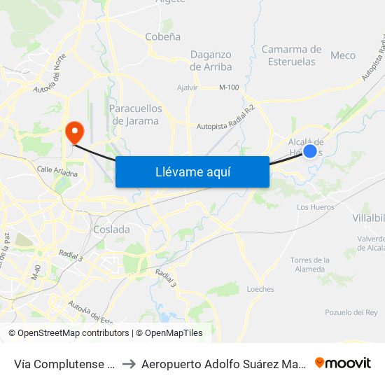 Vía Complutense - Brihuega to Aeropuerto Adolfo Suárez Madrid-Barajas T4 map