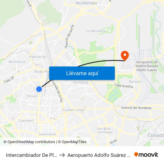 Intercambiador De Plaza De Castilla to Aeropuerto Adolfo Suárez Madrid-Barajas T4 map