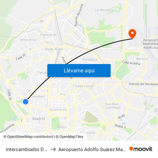 Intercambiador De Moncloa to Aeropuerto Adolfo Suárez Madrid-Barajas T4 map