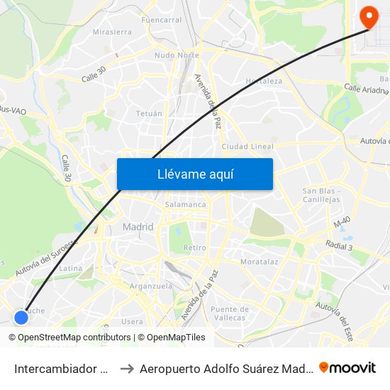 Intercambiador De Aluche to Aeropuerto Adolfo Suárez Madrid-Barajas T4 map