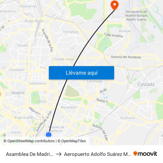Asamblea De Madrid - Entrevías to Aeropuerto Adolfo Suárez Madrid-Barajas T4 map