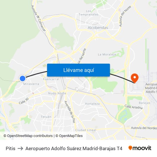 Pitis to Aeropuerto Adolfo Suárez Madrid-Barajas T4 map