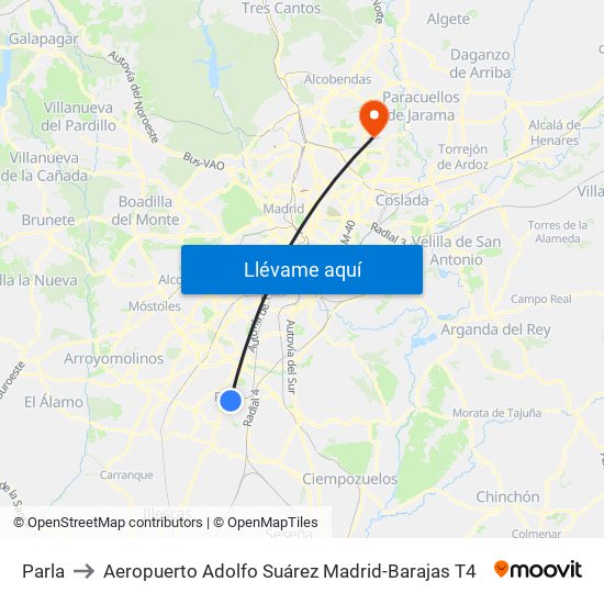 Parla to Aeropuerto Adolfo Suárez Madrid-Barajas T4 map