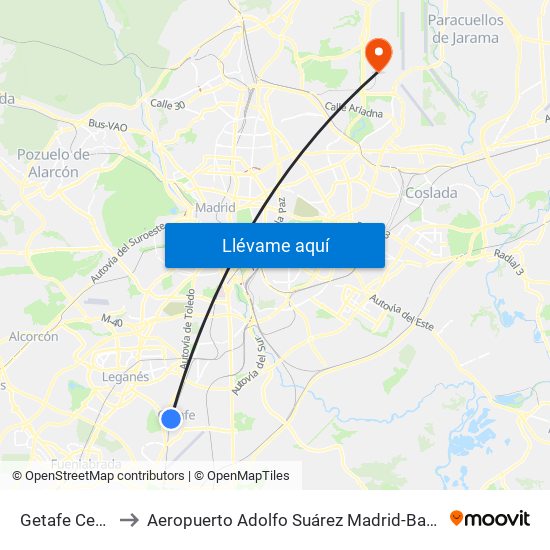 Getafe Centro to Aeropuerto Adolfo Suárez Madrid-Barajas T4 map