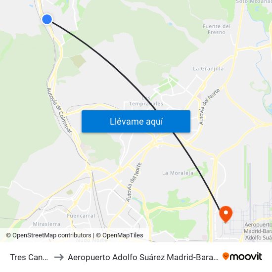 Tres Cantos to Aeropuerto Adolfo Suárez Madrid-Barajas T4 map