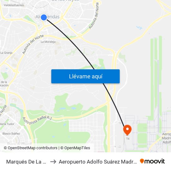 Marqués De La Valdavia to Aeropuerto Adolfo Suárez Madrid-Barajas T4 map