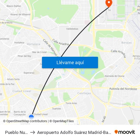 Pueblo Nuevo to Aeropuerto Adolfo Suárez Madrid-Barajas T4 map
