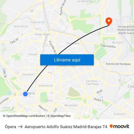 Ópera to Aeropuerto Adolfo Suárez Madrid-Barajas T4 map