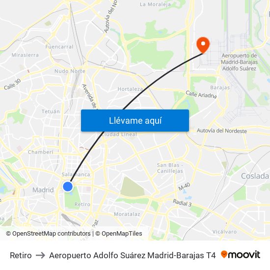 Retiro to Aeropuerto Adolfo Suárez Madrid-Barajas T4 map