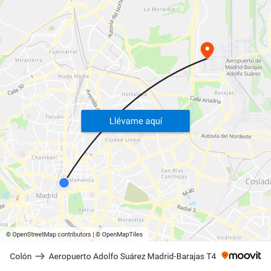 Colón to Aeropuerto Adolfo Suárez Madrid-Barajas T4 map