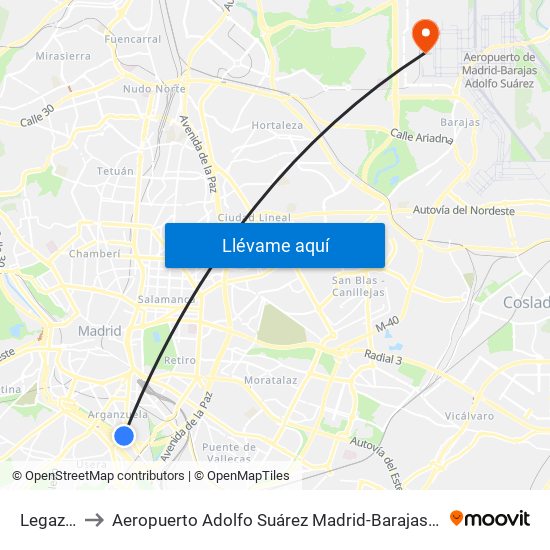 Legazpi to Aeropuerto Adolfo Suárez Madrid-Barajas T4 map