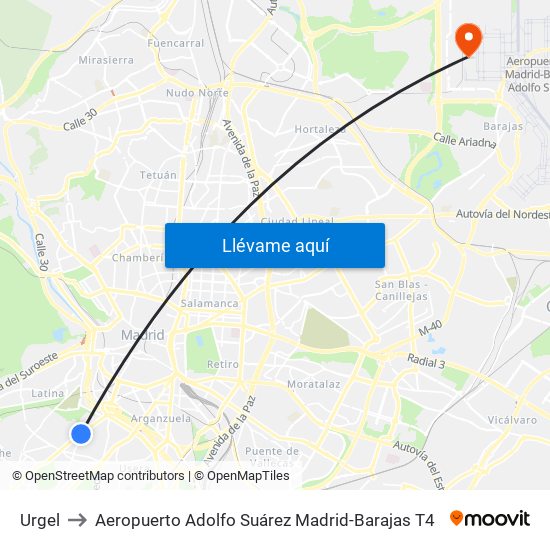 Urgel to Aeropuerto Adolfo Suárez Madrid-Barajas T4 map