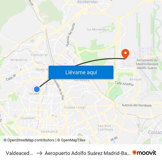 Valdeacederas to Aeropuerto Adolfo Suárez Madrid-Barajas T4 map
