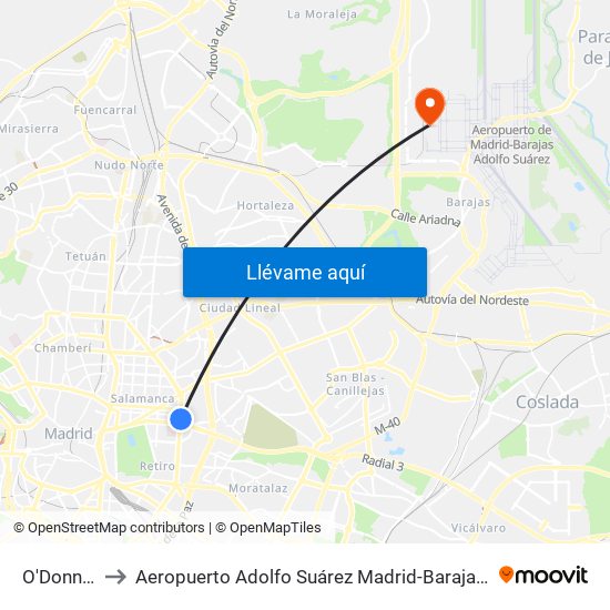 O'Donnell to Aeropuerto Adolfo Suárez Madrid-Barajas T4 map